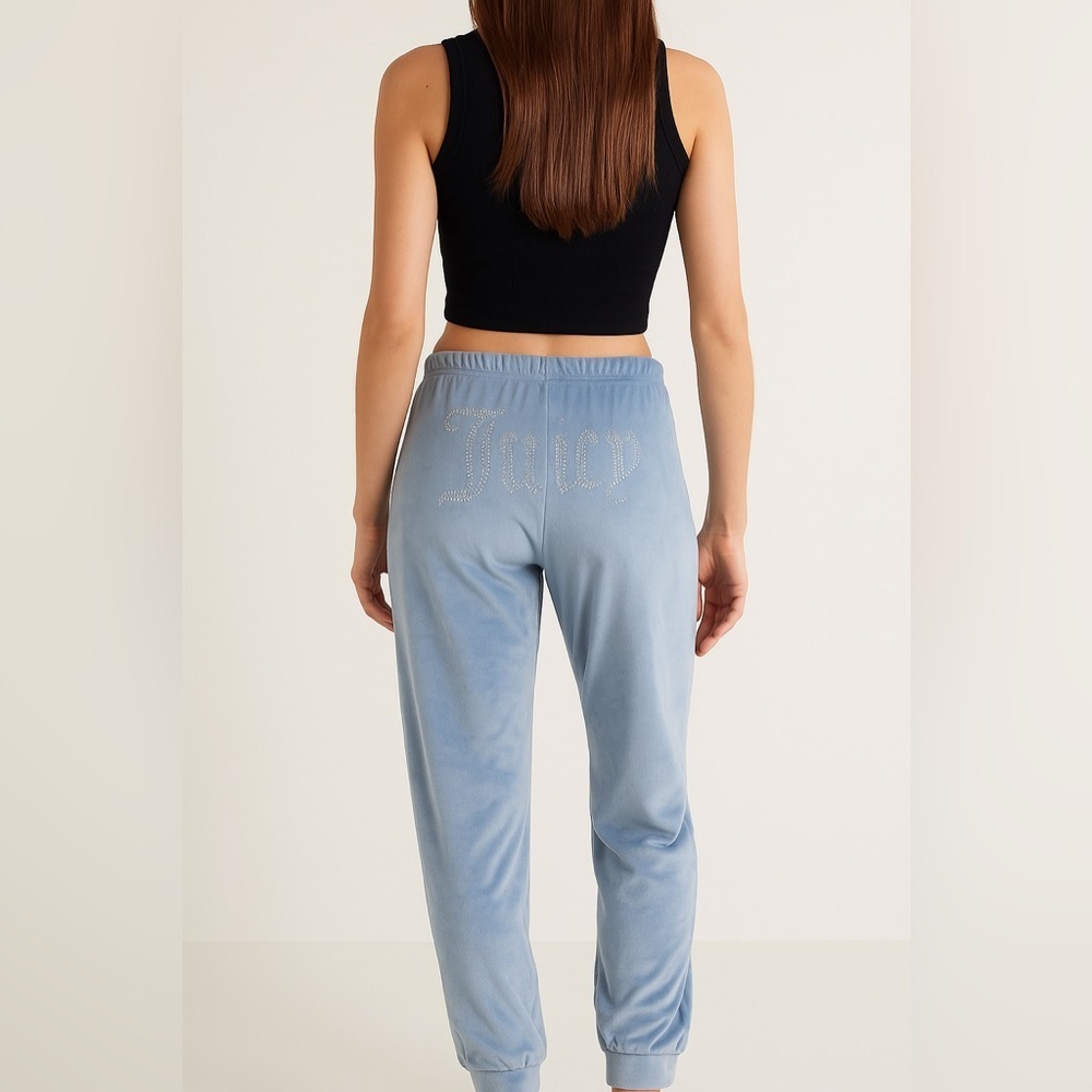 Juicy Couture Blue Velour Sweatpants Rhinestone Logo Drawstring Y2K Loungewear M